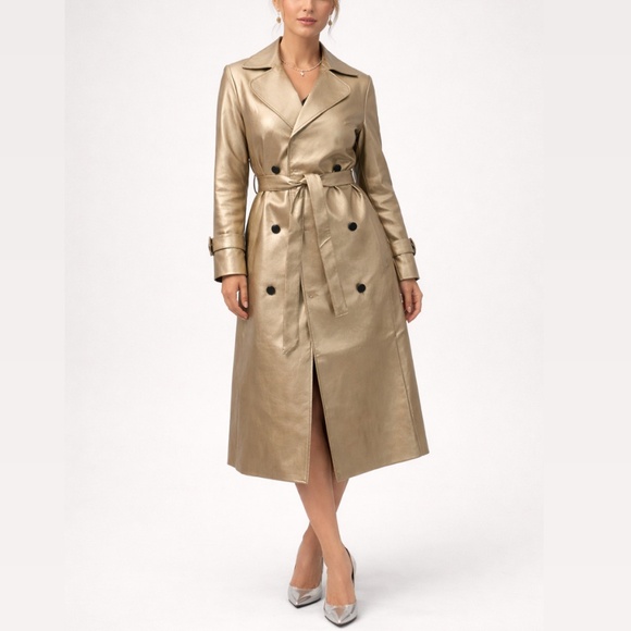 Brand New Peach Champagne Mettalic Leather Trench Coat in Sizes S|M|L|XL - Picture 6 of 7